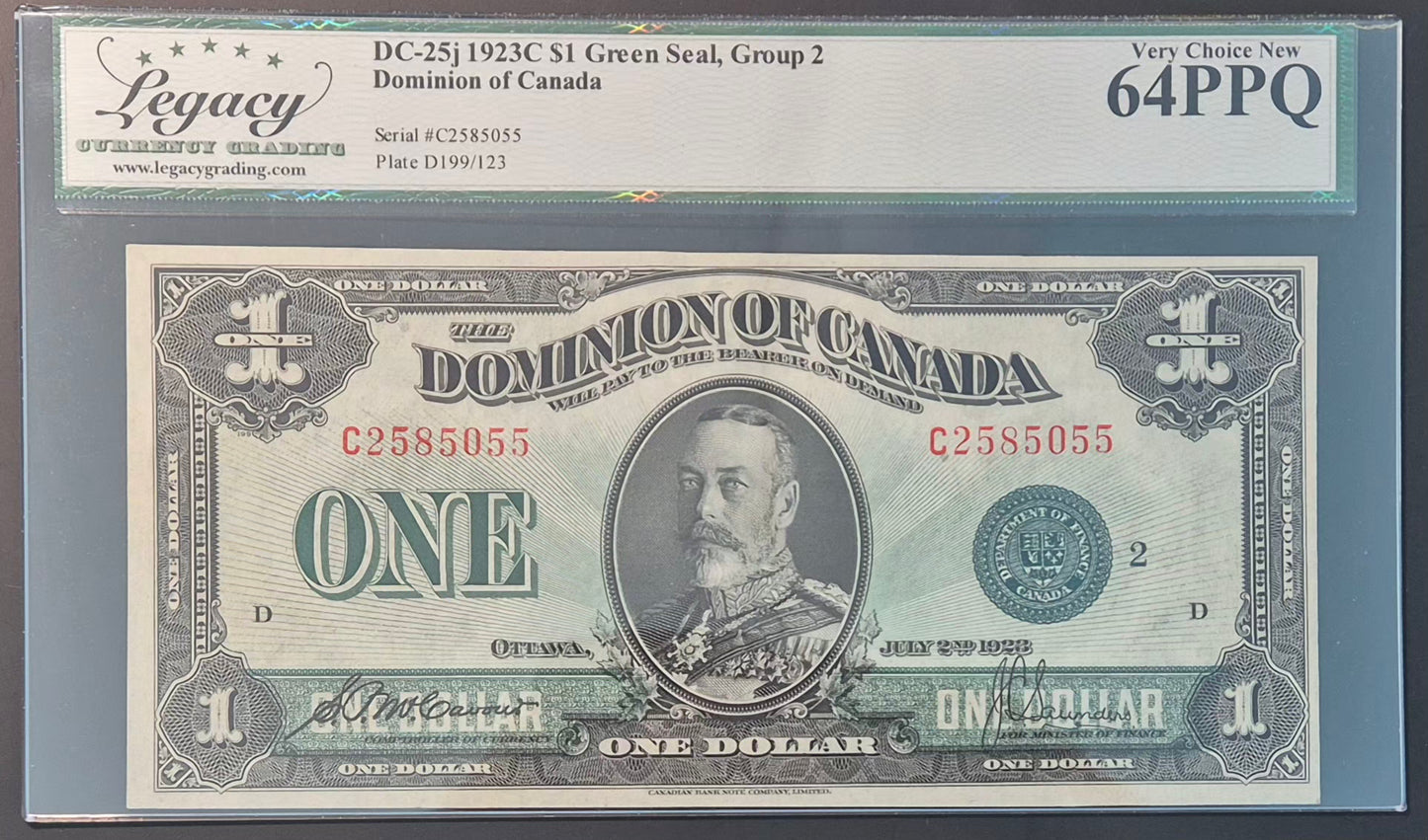 Dominion of Canada 1 Dollar Paper Money 1923C Green Seal Choice UNC64