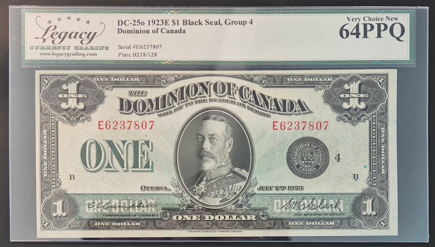 Dominion of Canada 1 Dollar Paper Money 1923E Black Seal Choice UNC64 Plate B218/128