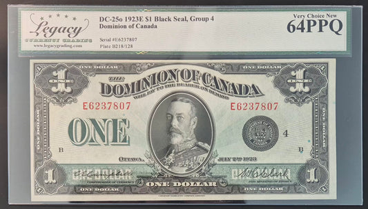 Dominion of Canada 1 Dollar Paper Money 1923E Black Seal Choice UNC64 Plate B218/128