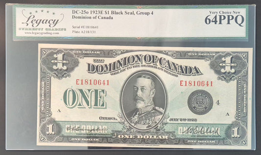 Dominion of Canada 1 Dollar Paper Money 1923E Black Seal Choice UNC64 Plate A218/131