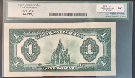 Dominion of Canada 1 Dollar Paper Money 1923E Black Seal Choice UNC64 Plate A218/131