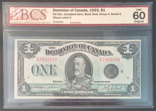 Dominion of Canada 1 Dollar Paper Money 1923E Black Seal Original UNC60