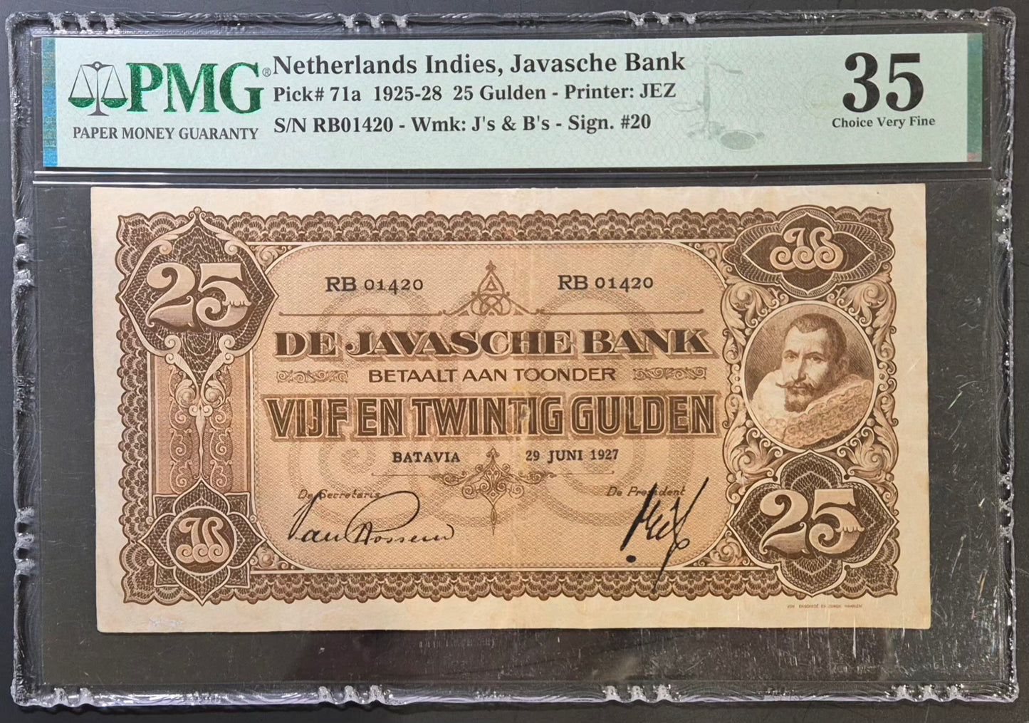Netherlands Indies (Indonesia) 25 Gulden Paper Money 1927 Choice VF35 Prefix RB