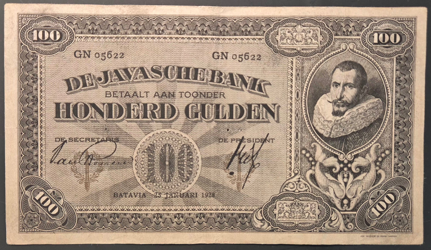 Netherlands Indies (Indonesia) 100 Gulden Paper Money 1928 aXF Prefix GN