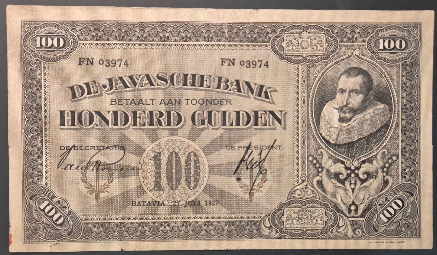 Netherlands Indies (Indonesia) 100 Gulden Paper Money 1927 VF+ Prefix FN