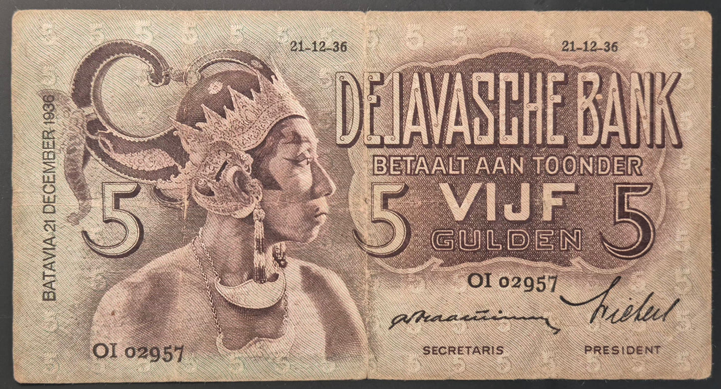 Netherlands Indies (Indonesia) Wayang Series 5 Gulden Paper Money 1936 VF Prefix OI