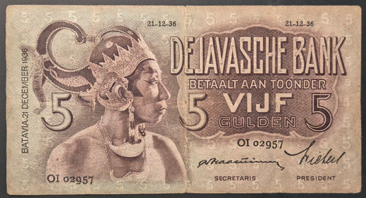 Netherlands Indies (Indonesia) Wayang Series 5 Gulden Paper Money 1936 VF Prefix OI