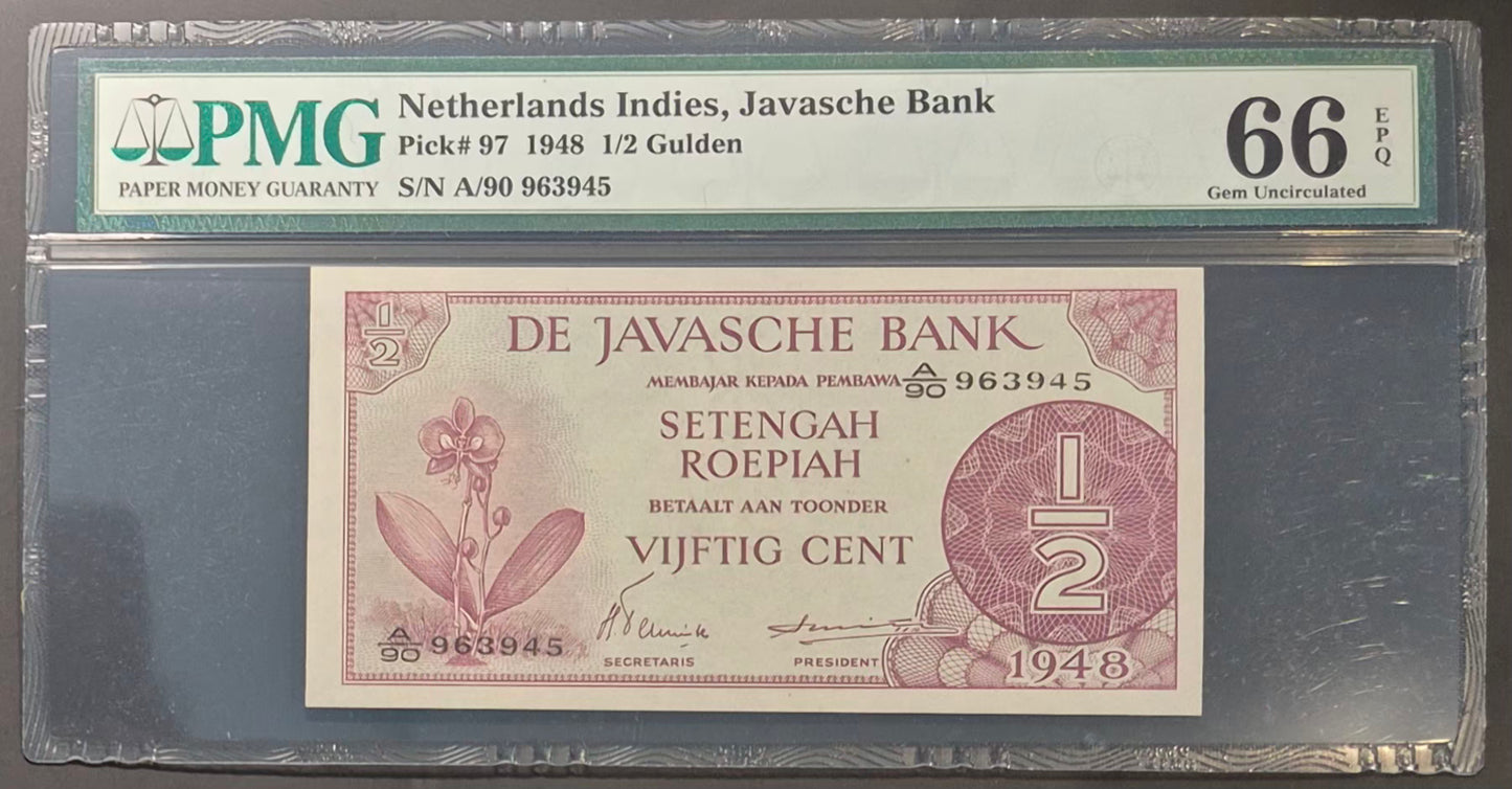 Netherlands Indies (Indonesia) 1/2 Gulden Paper Money 1948 Gem UNC66 EPQ