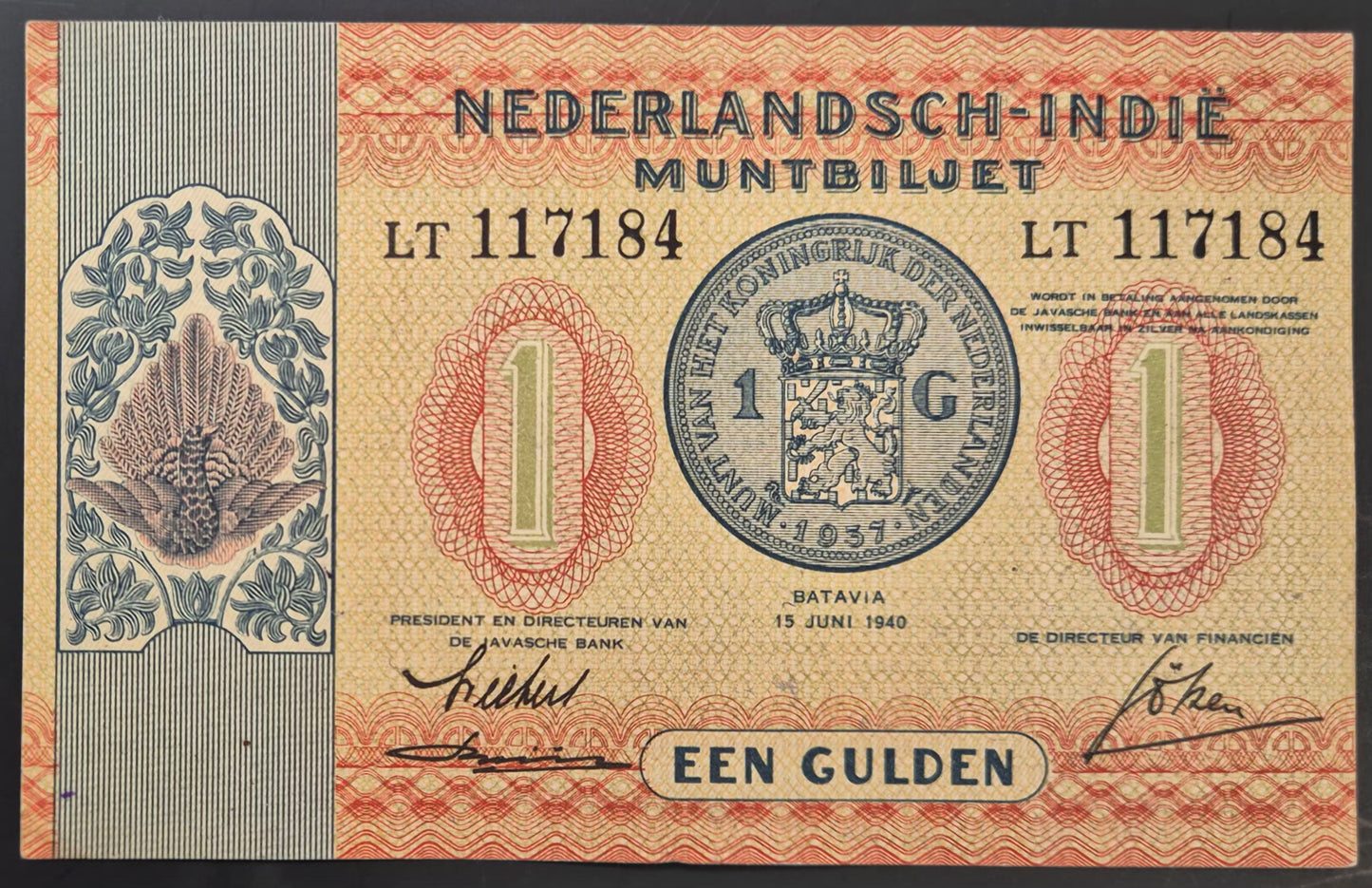 Netherlands Indies (Indonesia) 1 Gulden Paper Money 1940 UNC Prefix LT