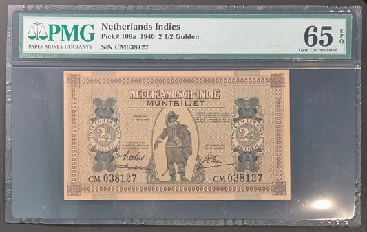 Netherlands Indies (Indonesia) 2 1/2 Gulden Paper Money 1940 Gem UNC65 EPQ Prefix CM