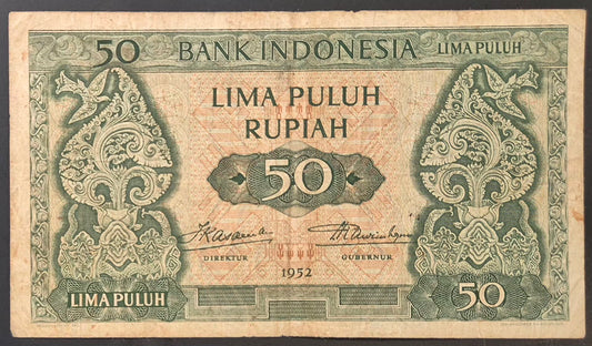 Bank Indonesia 50 Rupiah Paper Money 1952 VF Prefix PD