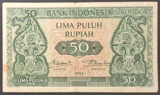 Bank Indonesia 50 Rupiah Paper Money 1952 VF Prefix QRQ