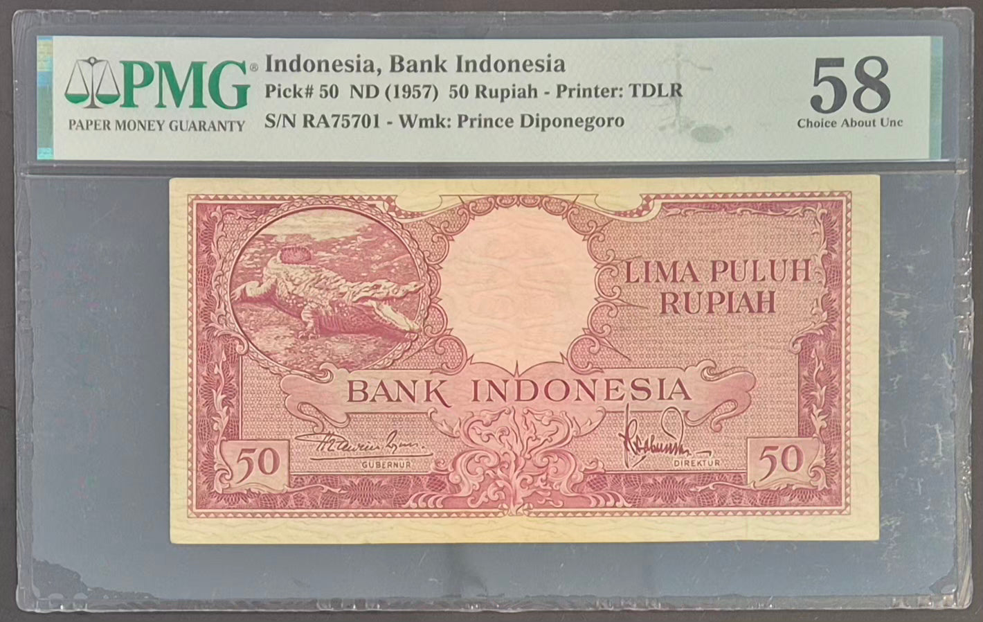 Bank Indonesia 50 Rupiah Paper Money 1957 Choice AU58 Prefix RA