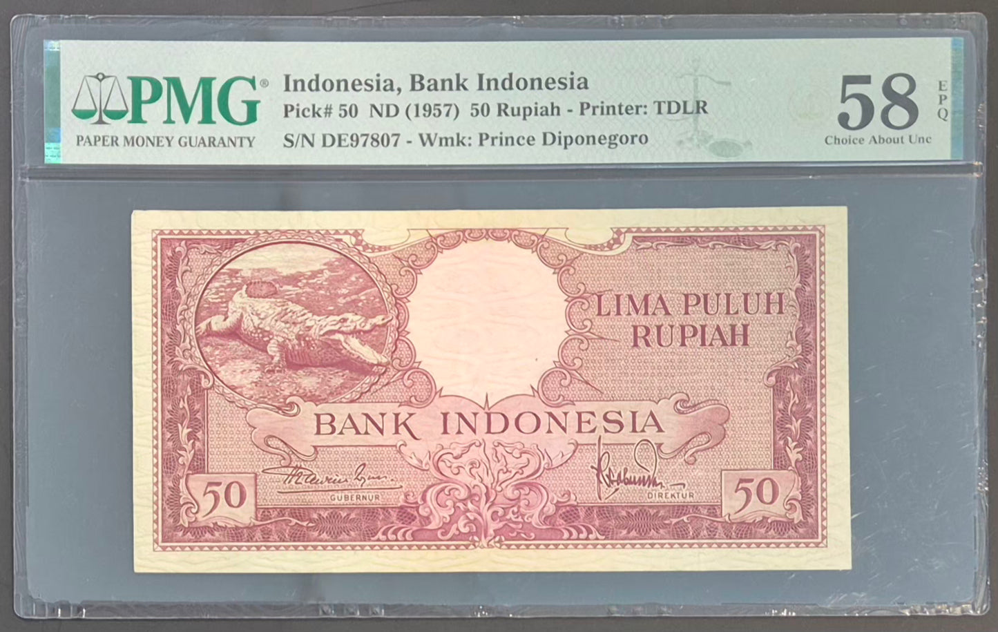 Bank Indonesia 50 Rupiah Paper Money 1957 Choice AU58 EPQ Prefix DE