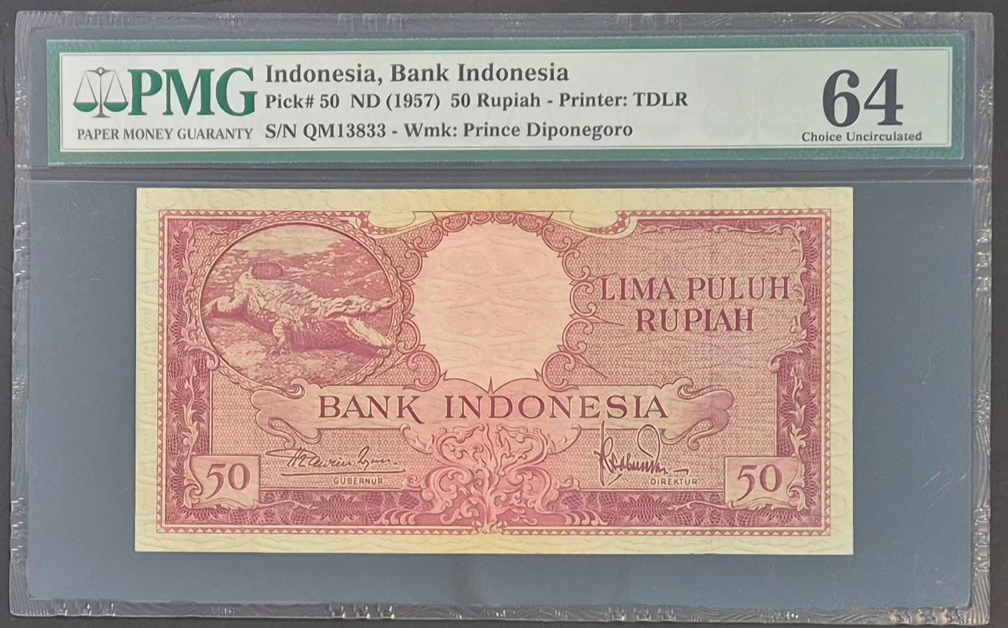 Bank Indonesia 50 Rupiah Paper Money 1957 Choice UNC64 Prefix QM