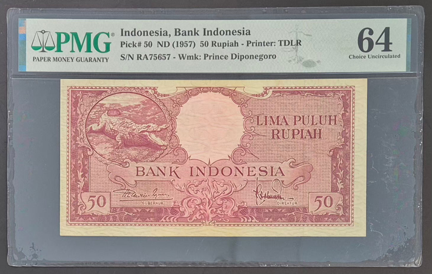 Bank Indonesia 50 Rupiah Paper Money 1957 Choice UNC64 Prefix RA