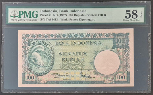 Bank Indonesia 100 Rupiah Paper Money 1957 Choice AU58 EPQ Prefix TA