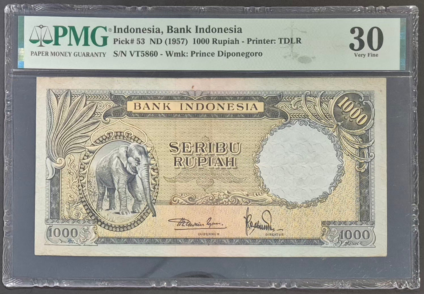 Bank Indonesia 1000 Rupiah Paper Money 1957 VF30 Prefix VT