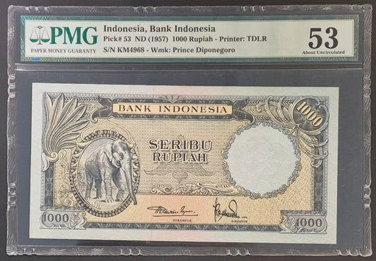 Bank Indonesia 1000 Rupiah Paper Money 1957 AU53 Prefix KM