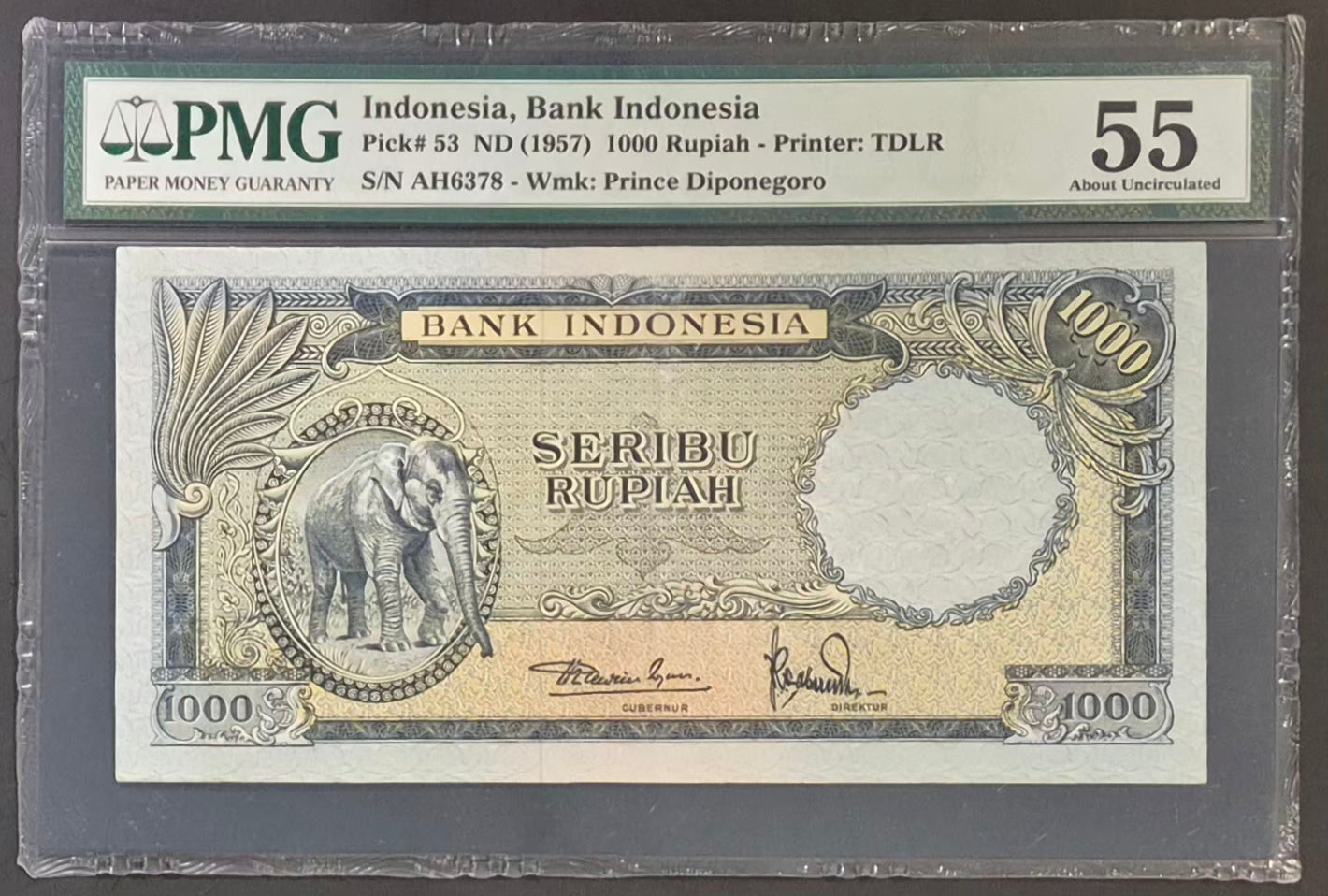 Bank Indonesia 1000 Rupiah Paper Money 1957 AU55 Prefix AH