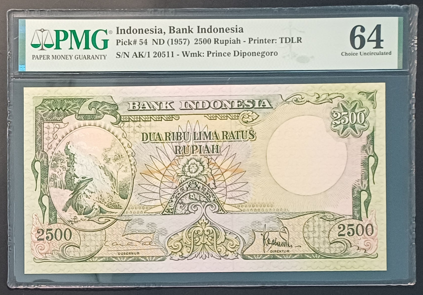 Bank Indonesia 2500 Rupiah Paper Money 1957 Choice UNC64 Prefix AK/1