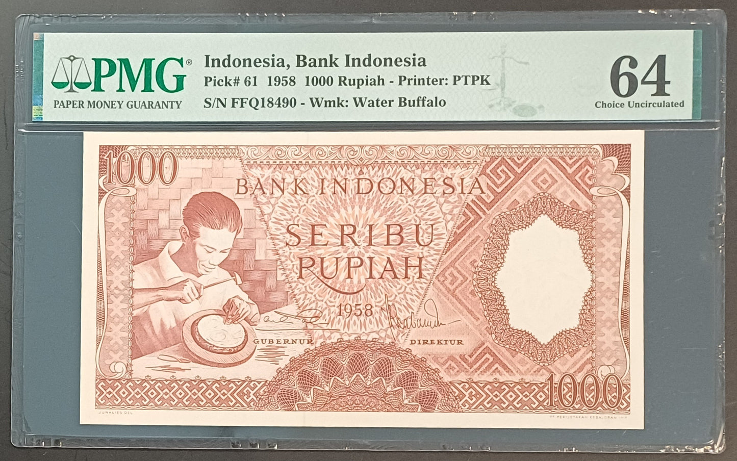 Bank Indonesia 1000 Rupiah Paper Money 1958 Choice UNC64 Prefix FFQ