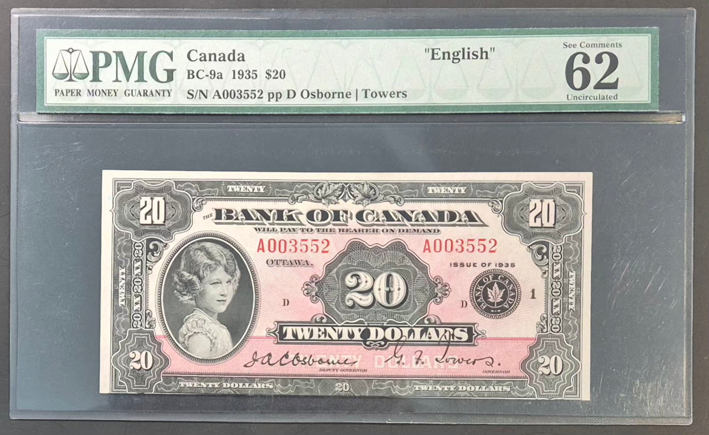 Canada 20 Dollar Princess Note Paper Money 1935 Large Seal UNC62
