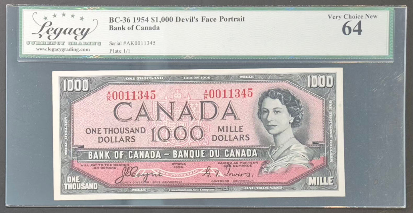 Canada 1000 Dollar Paper Money 1954 Devil's Face Choice UNC64