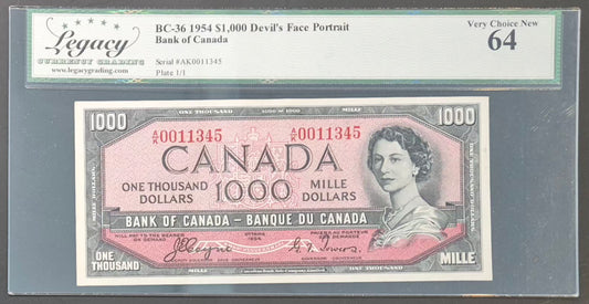 Canada 1000 Dollar Paper Money 1954 Devil's Face Choice UNC64