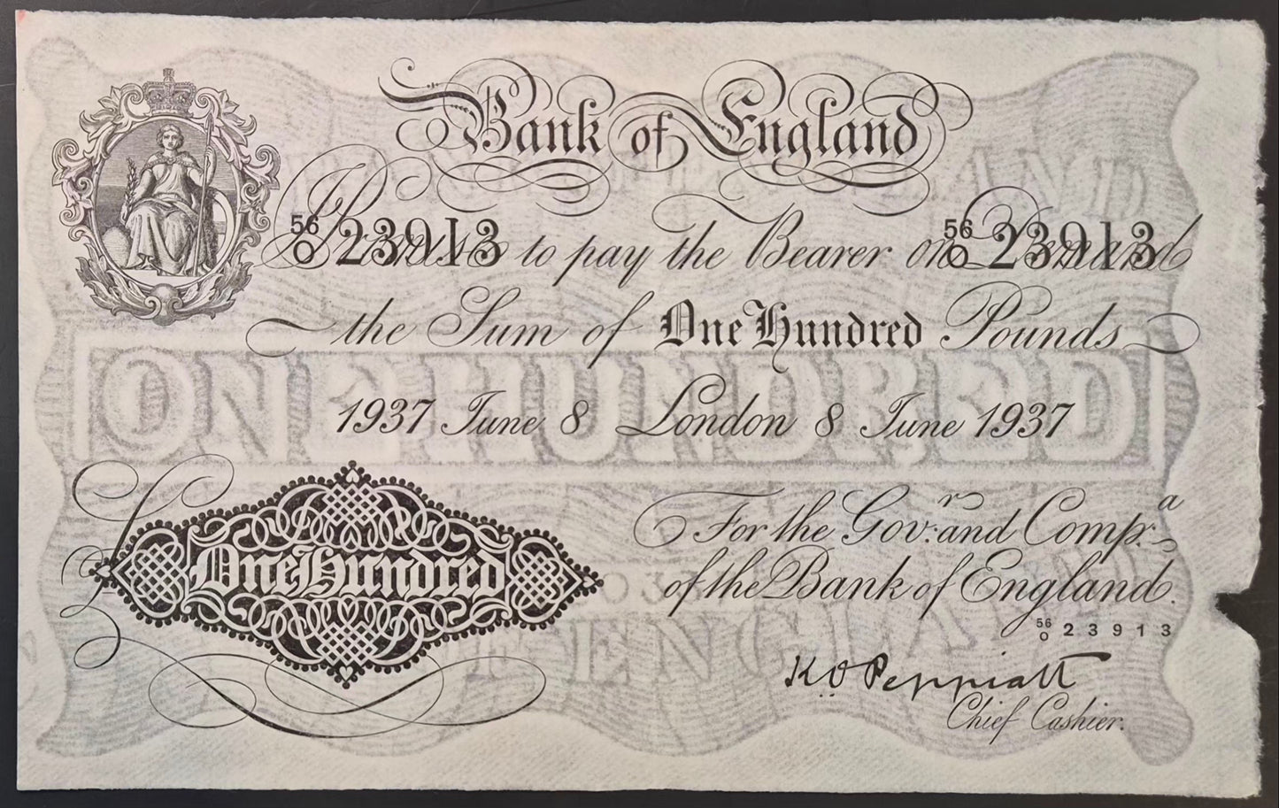 England 100 Pound White Note Paper Money 1937 Peppiatt Signature AU