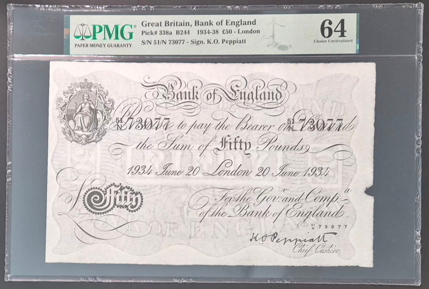 England 50 Pound White Note Paper Money 1934 Peppiatt Sig. Choice UNC64