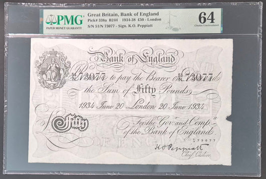 England 50 Pound White Note Paper Money 1934 Peppiatt Sig. Choice UNC64