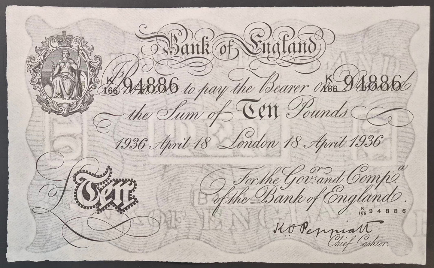 England 10 Pound White Note Paper Money 1936 Peppiatt Signature XF