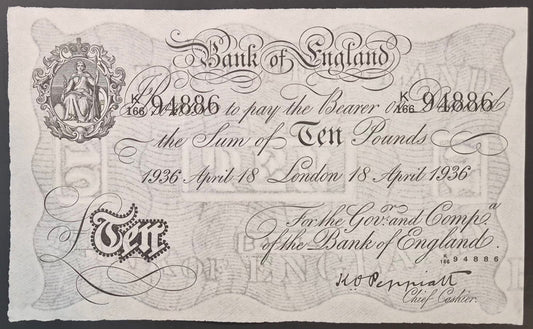 England 10 Pound White Note Paper Money 1936 Peppiatt Signature XF