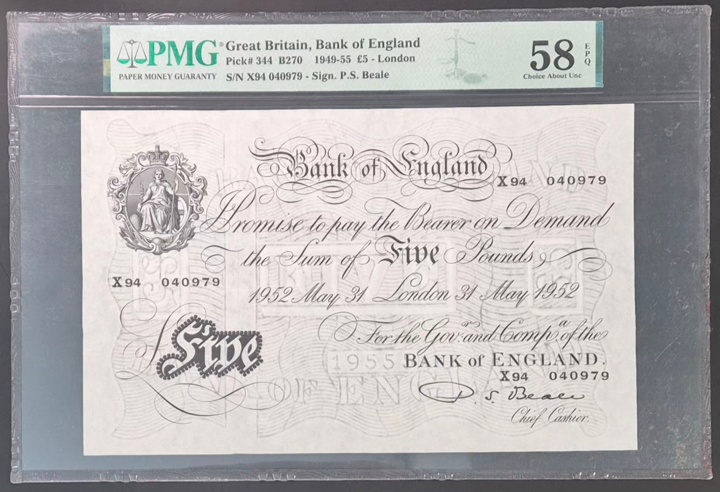 England 5 Pound White Note Paper Money 1952 Beale Signature Choice AU58 EPQ