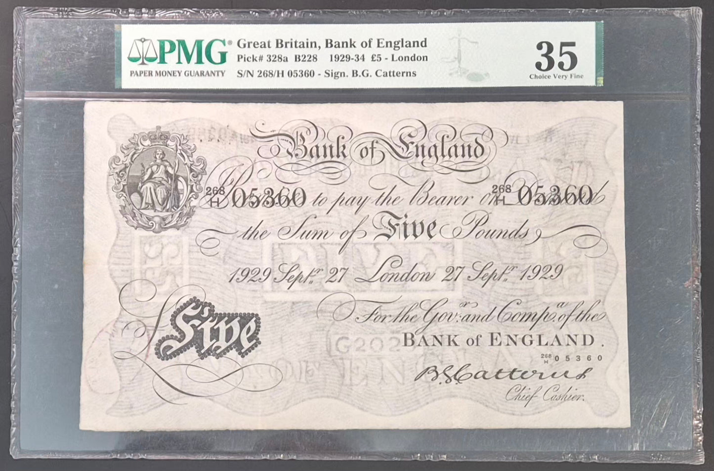 England 5 Pound White Note Paper Money 1929 Catterns Sig. Choice VF35