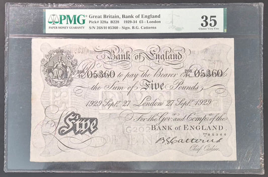 England 5 Pound White Note Paper Money 1929 Catterns Sig. Choice VF35
