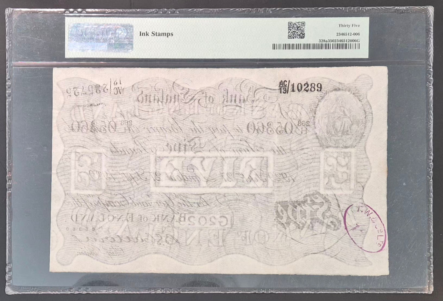 England 5 Pound White Note Paper Money 1929 Catterns Sig. Choice VF35