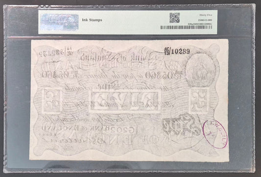 England 5 Pound White Note Paper Money 1929 Catterns Sig. Choice VF35