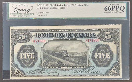 Dominion of Canada 5 Dollars Error Note Paper Money 1912B Gem UNC66 PPQ
