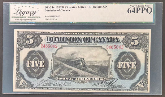 Dominion of Canada 5 Dollars Paper Money 1912B Choice UNC64 PPQ