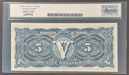 Dominion of Canada 5 Dollars Paper Money 1912B Choice UNC64 PPQ