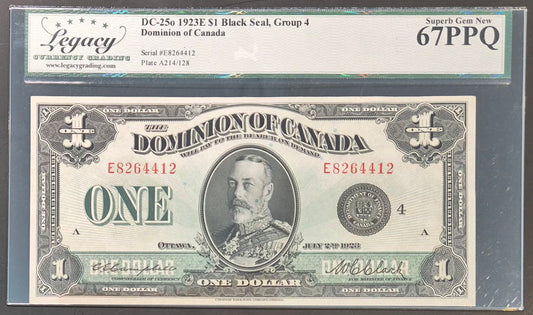 Dominion of Canada 1 Dollar Paper Money 1923E Black Seal Superb Gem UNC67