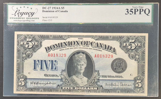 Dominion of Canada 5 Dollars Paper Money 1924A VF35 PPQ