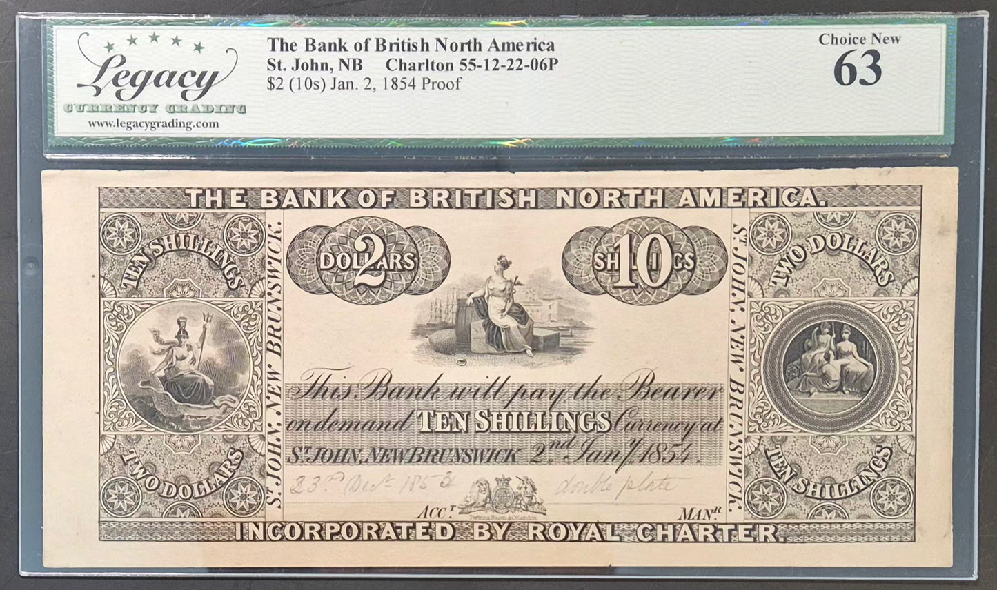 Bank of British North America (Canada) 2 Dollars / 10 Shillings Proof Paper Money 1854