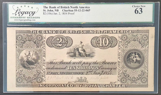 Bank of British North America (Canada) 2 Dollars / 10 Shillings Proof Paper Money 1854