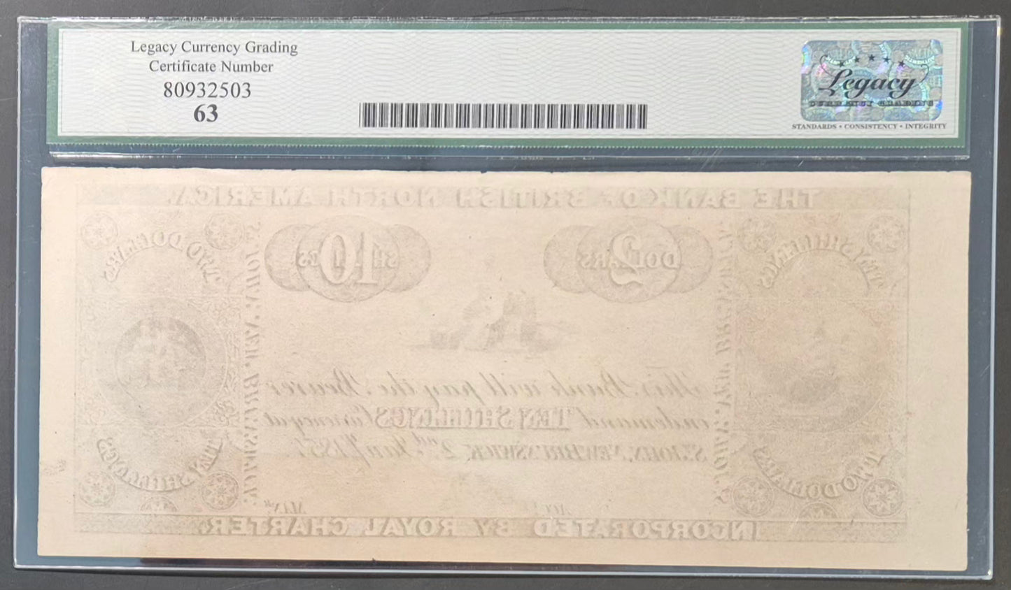 Bank of British North America (Canada) 2 Dollars / 10 Shillings Proof Paper Money 1854