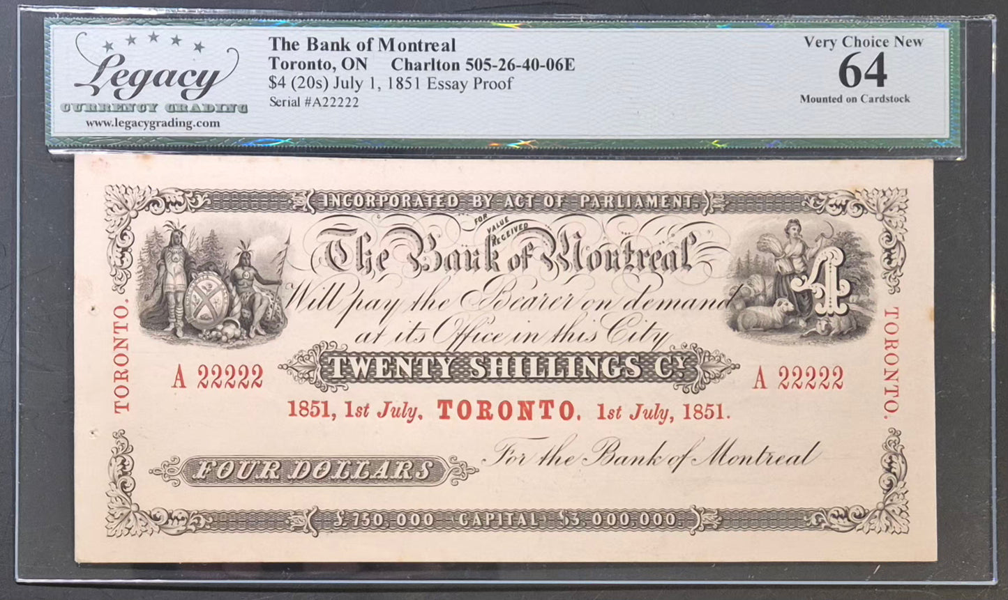 Bank of Montreal (Canada) 4 Dollars / 20 Shillings Essay Proof Paper Money 1851