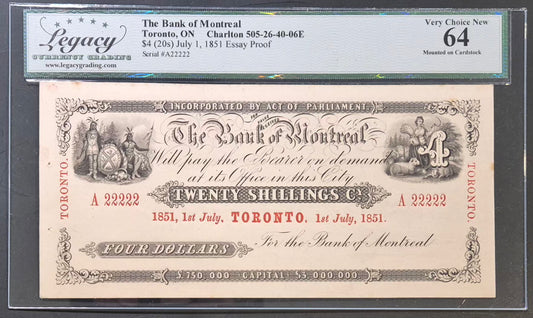 Bank of Montreal (Canada) 4 Dollars / 20 Shillings Essay Proof Paper Money 1851