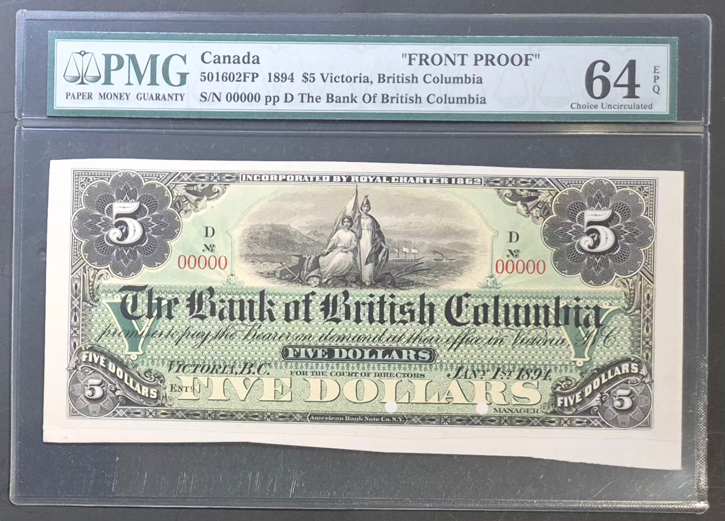 Bank of British Columbia (Canada) 5 Dollars Front Proof Paper Money 1894 Choice UNC64